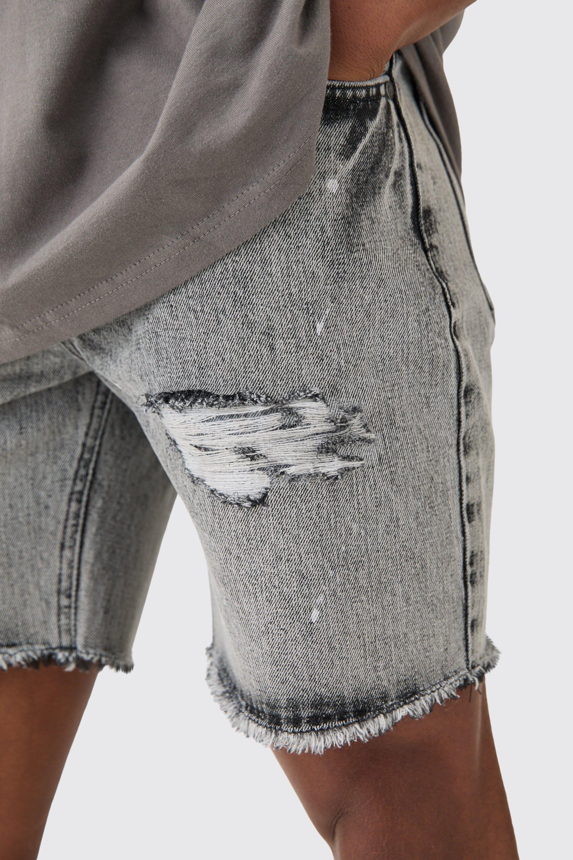 Slim Rigid Ripped Paint Splatter Denim Shorts In Ice Grey